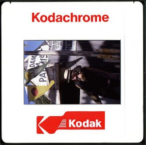 A typical plastic 35mm Kodachrome slide from the 1990s showing logo and text on the reverse side.